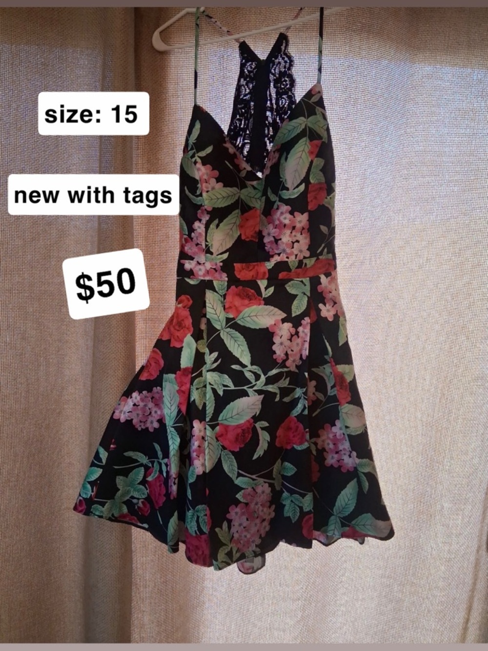 Floral Lace-Back Black Prom Dress with Pink & Green Floral Print